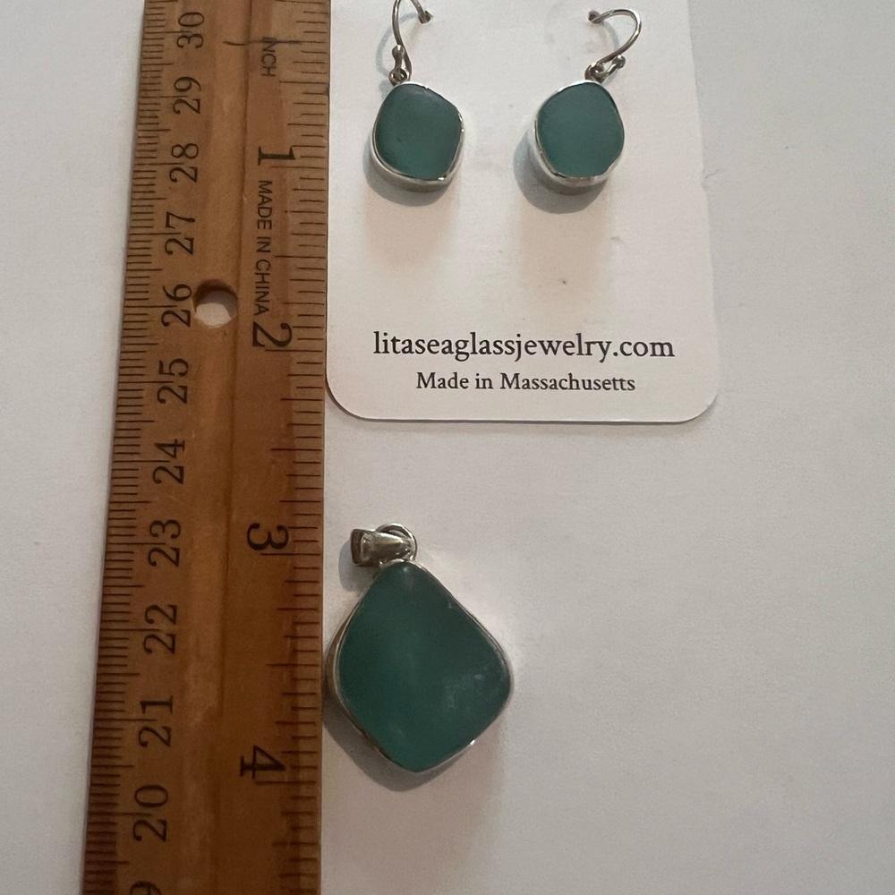 925 Lita Sea Glass Rare Deep Teal Pendant & Earrings New In Box - Picture 3 of 3